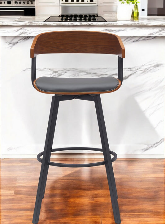 31" Gray and Black Faux Leather with Metal Swivel Bar Height Bar Chair - Loft&Timber