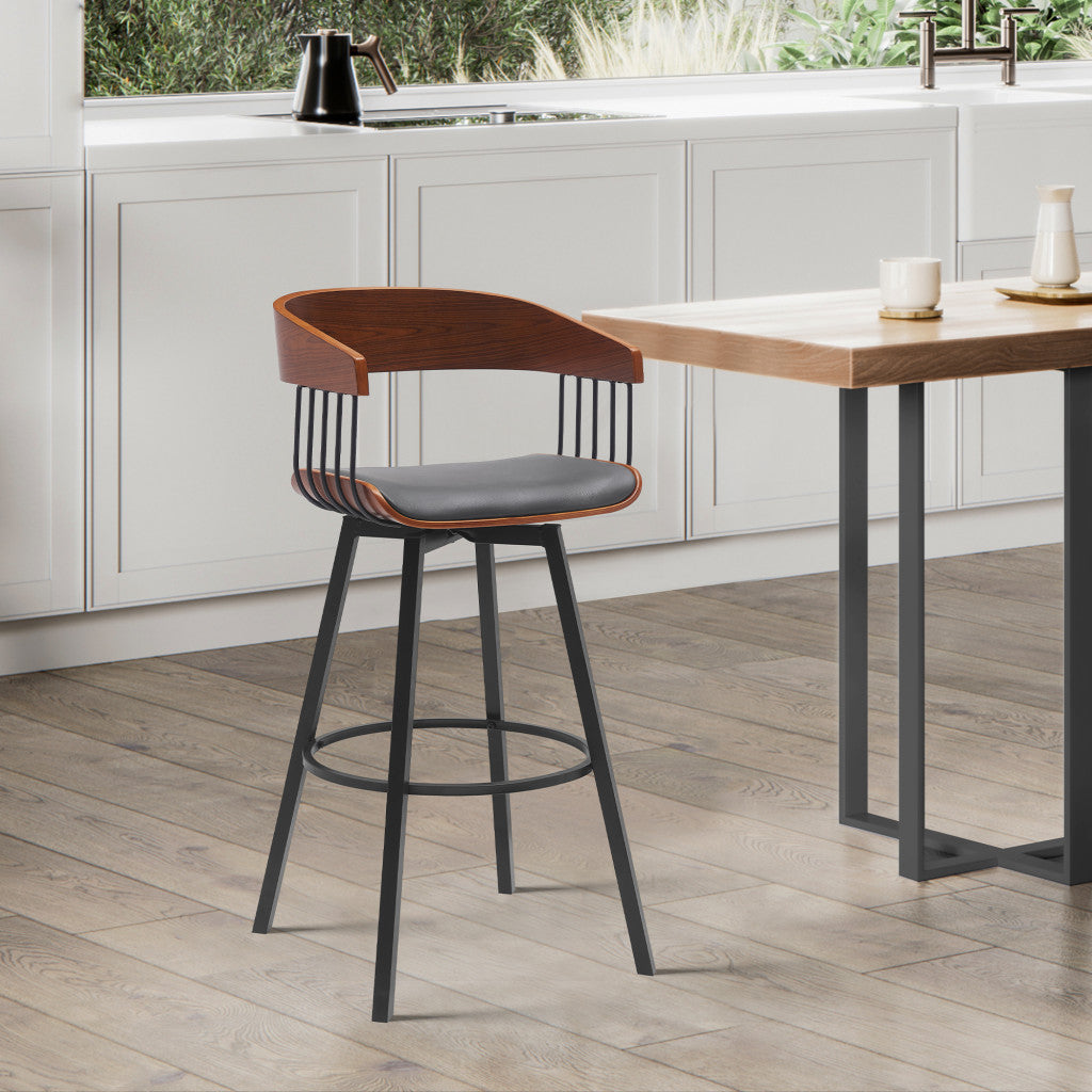31" Gray and Black Faux Leather with Metal Swivel Bar Height Bar Chair - Loft&Timber