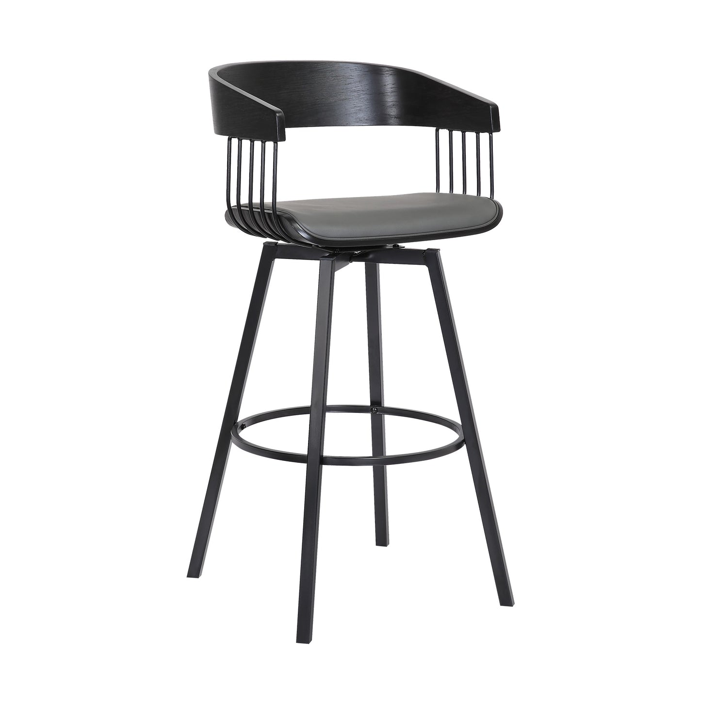 31" Gray and Black Faux Leather with Metal Swivel Bar Height Bar Chair - Loft&Timber