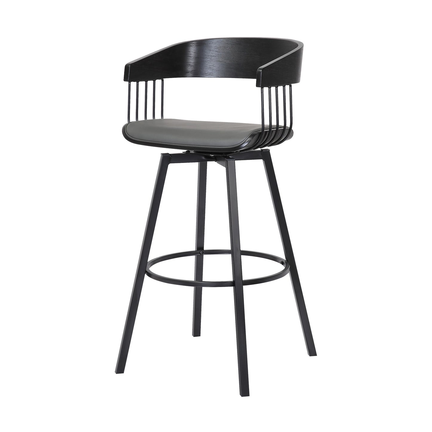 31" Gray and Black Faux Leather with Metal Swivel Bar Height Bar Chair - Loft&Timber