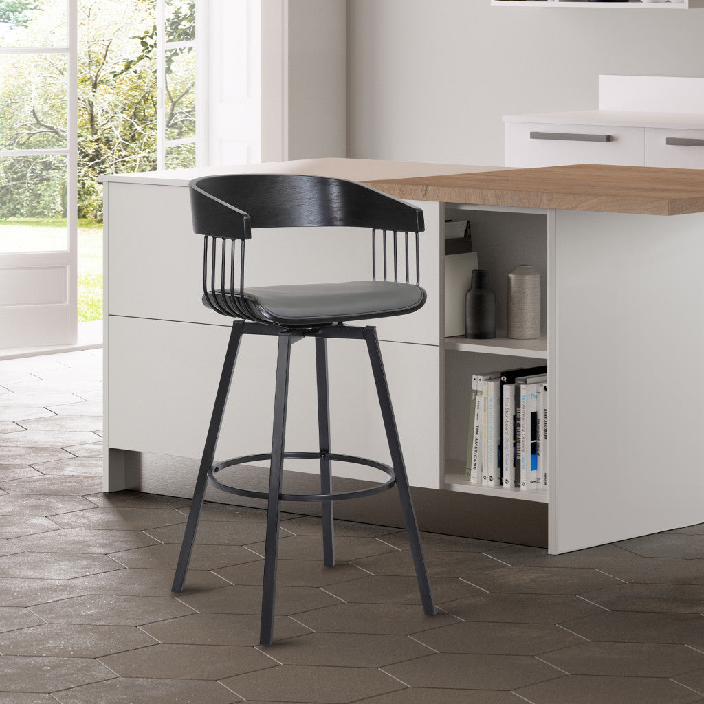 31" Gray and Black Faux Leather with Metal Swivel Bar Height Bar Chair - Loft&Timber