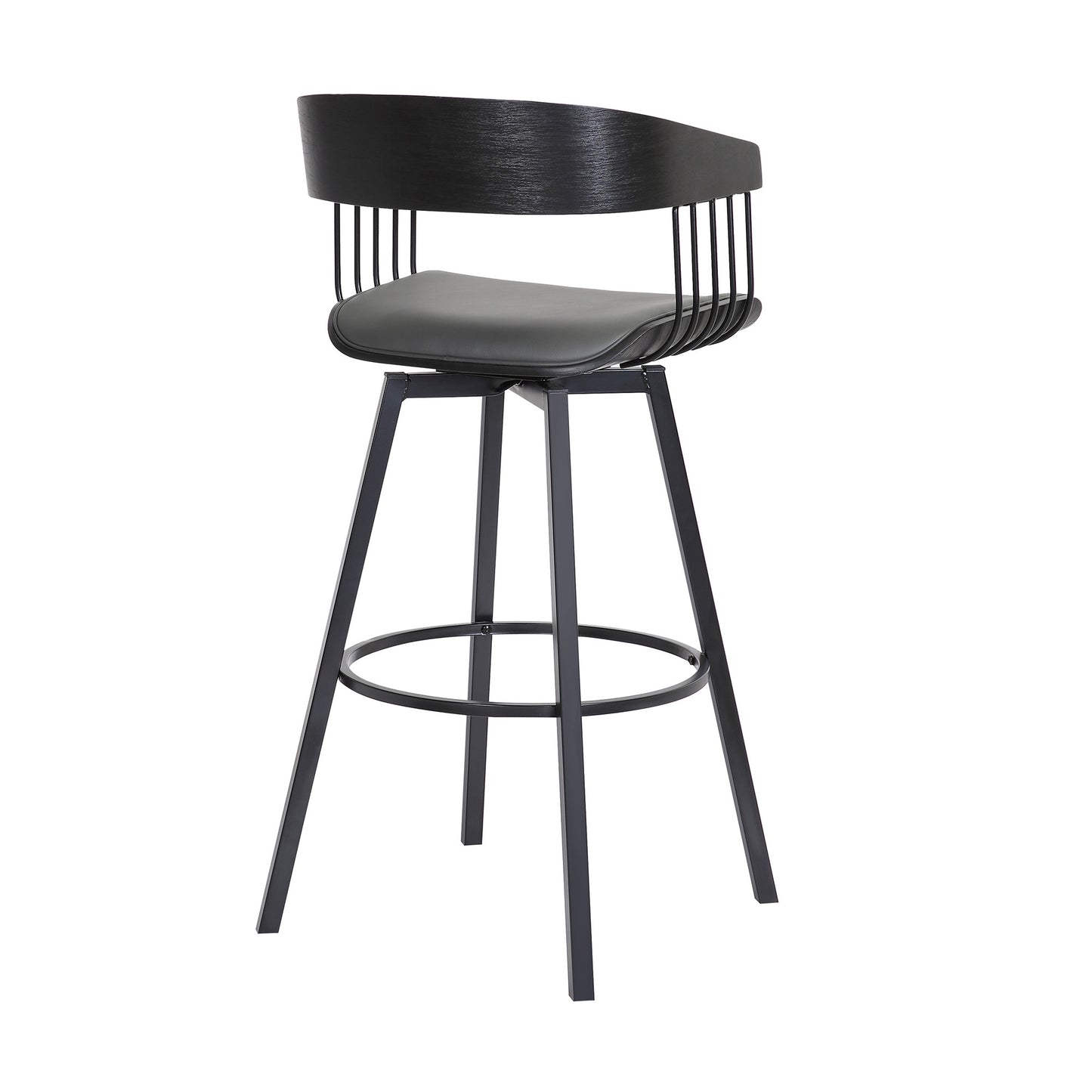 31" Gray and Black Faux Leather with Metal Swivel Bar Height Bar Chair - Loft&Timber