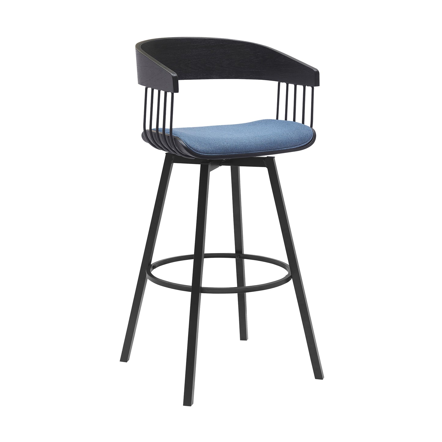 31" Blue and Black Fabric with Metal Swivel Bar Height Bar Chair - Loft&Timber
