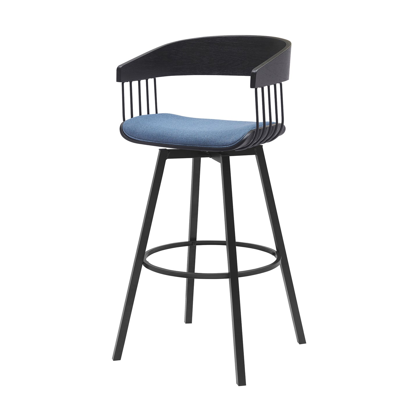 31" Blue and Black Fabric with Metal Swivel Bar Height Bar Chair - Loft&Timber