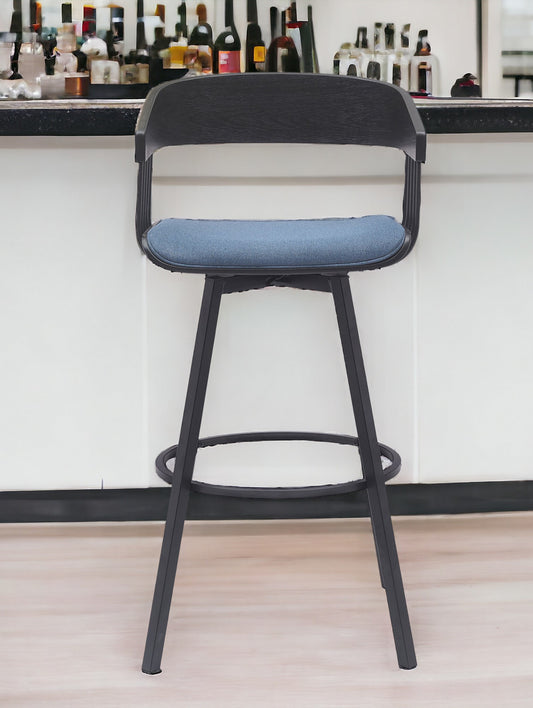 31" Blue and Black Fabric with Metal Swivel Bar Height Bar Chair - Loft&Timber