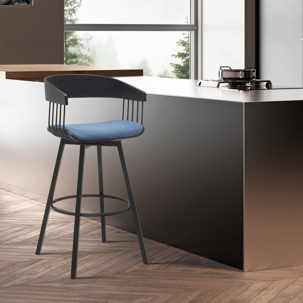 31" Blue and Black Fabric with Metal Swivel Bar Height Bar Chair - Loft&Timber
