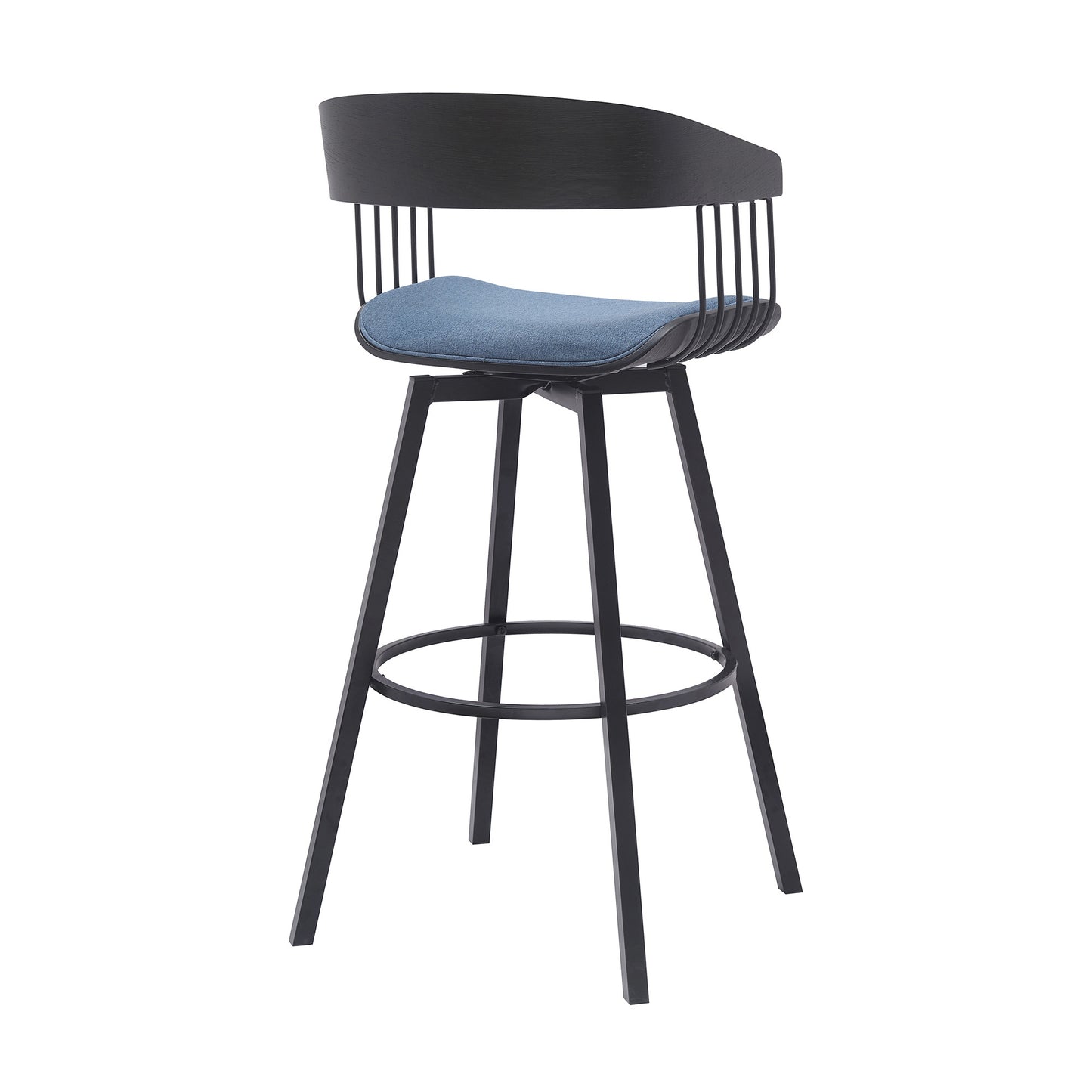31" Blue and Black Fabric with Metal Swivel Bar Height Bar Chair - Loft&Timber