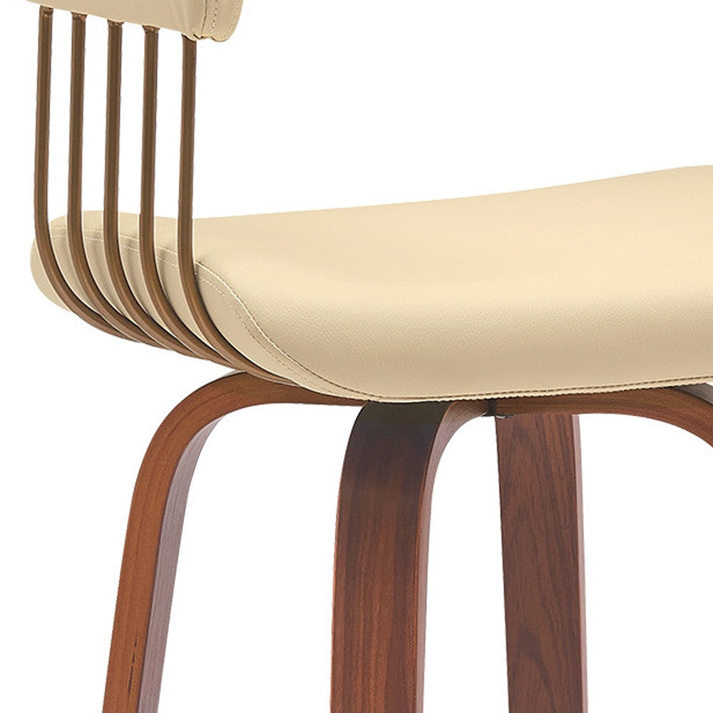 31" Cream And Wood Brown Faux Leather Swivel Bar Height Bar Chair - Loft&Timber