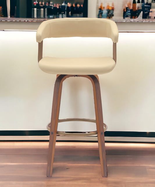 31" Cream And Wood Brown Faux Leather Swivel Bar Height Bar Chair - Loft&Timber