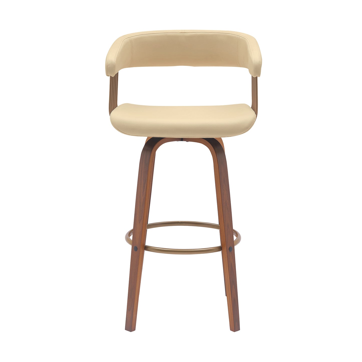 31" Cream And Wood Brown Faux Leather Swivel Bar Height Bar Chair - Loft&Timber