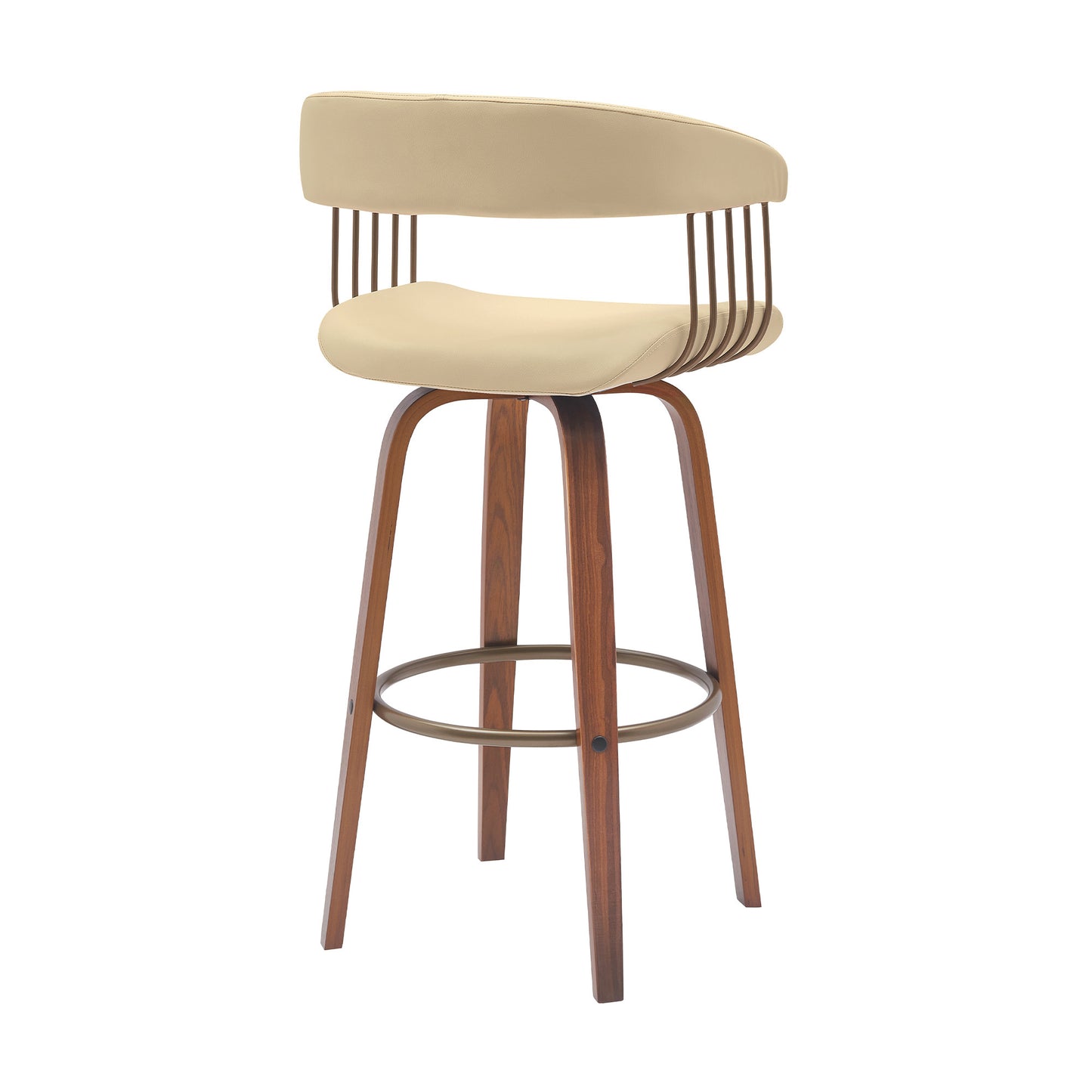 31" Cream And Wood Brown Faux Leather Swivel Bar Height Bar Chair - Loft&Timber