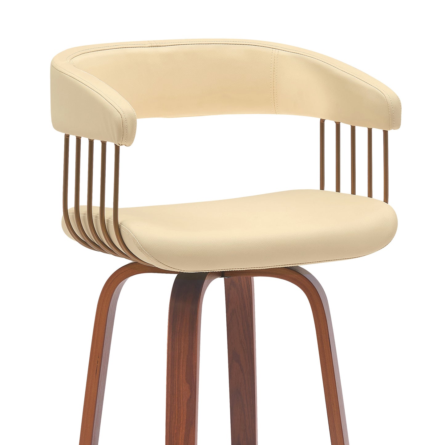 31" Cream And Wood Brown Faux Leather Swivel Bar Height Bar Chair - Loft&Timber