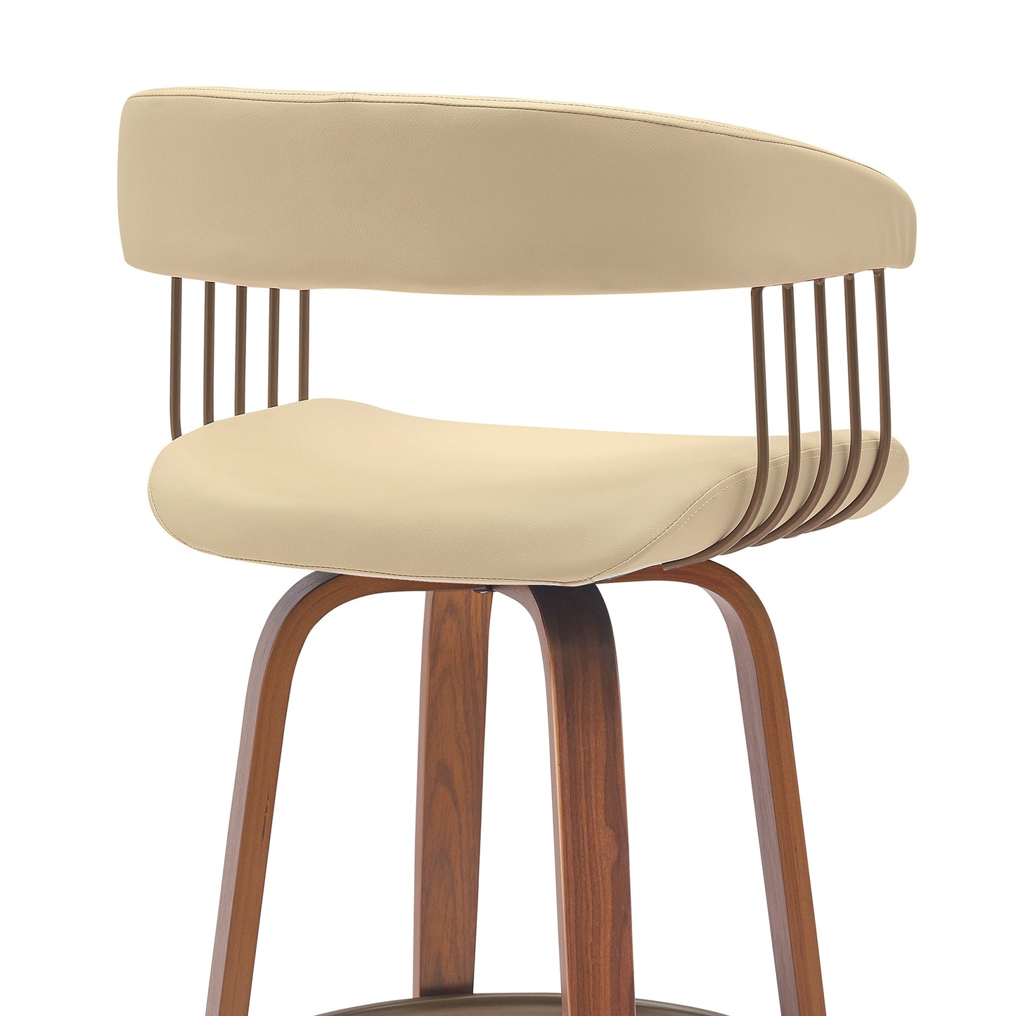 31" Cream And Wood Brown Faux Leather Swivel Bar Height Bar Chair - Loft&Timber