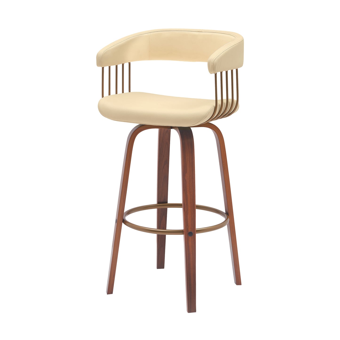 31" Cream And Wood Brown Faux Leather Swivel Bar Height Bar Chair - Loft&Timber