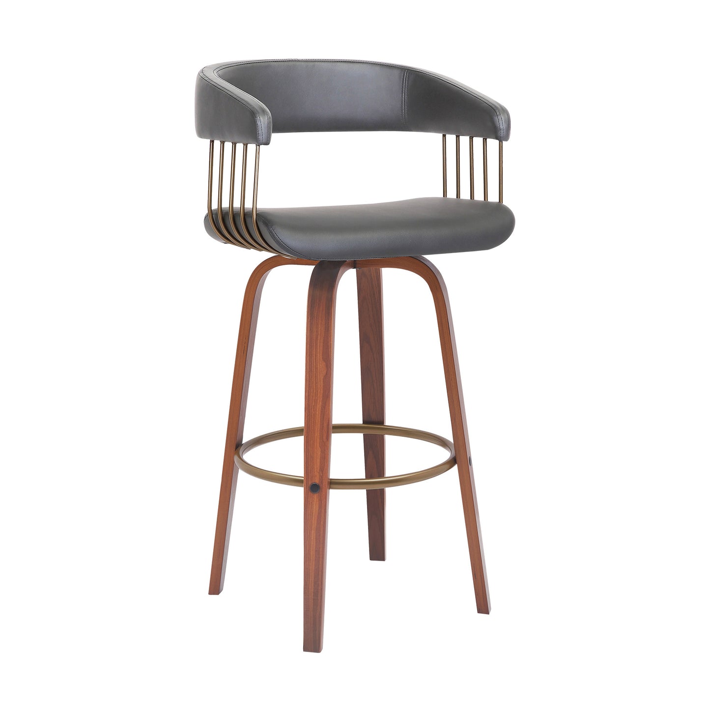 31" Gray And Wood Brown Faux Leather Swivel Bar Height Bar Chair - Loft&Timber