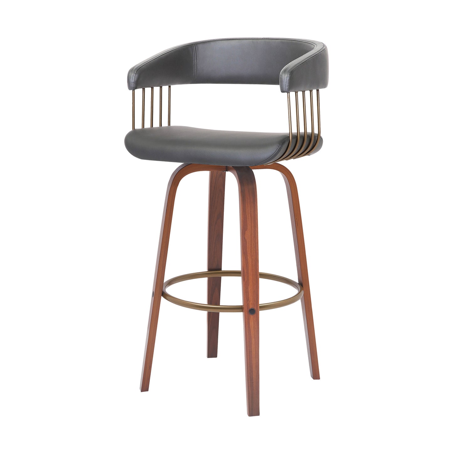 31" Gray And Wood Brown Faux Leather Swivel Bar Height Bar Chair - Loft&Timber