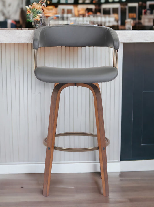 31" Gray And Wood Brown Faux Leather Swivel Bar Height Bar Chair - Loft&Timber