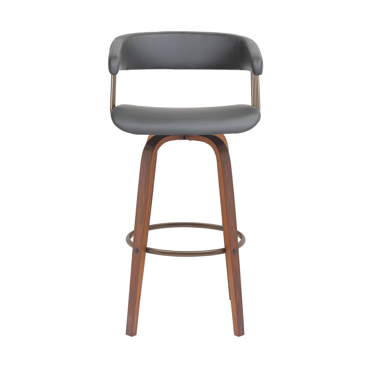 31" Gray And Wood Brown Faux Leather Swivel Bar Height Bar Chair - Loft&Timber