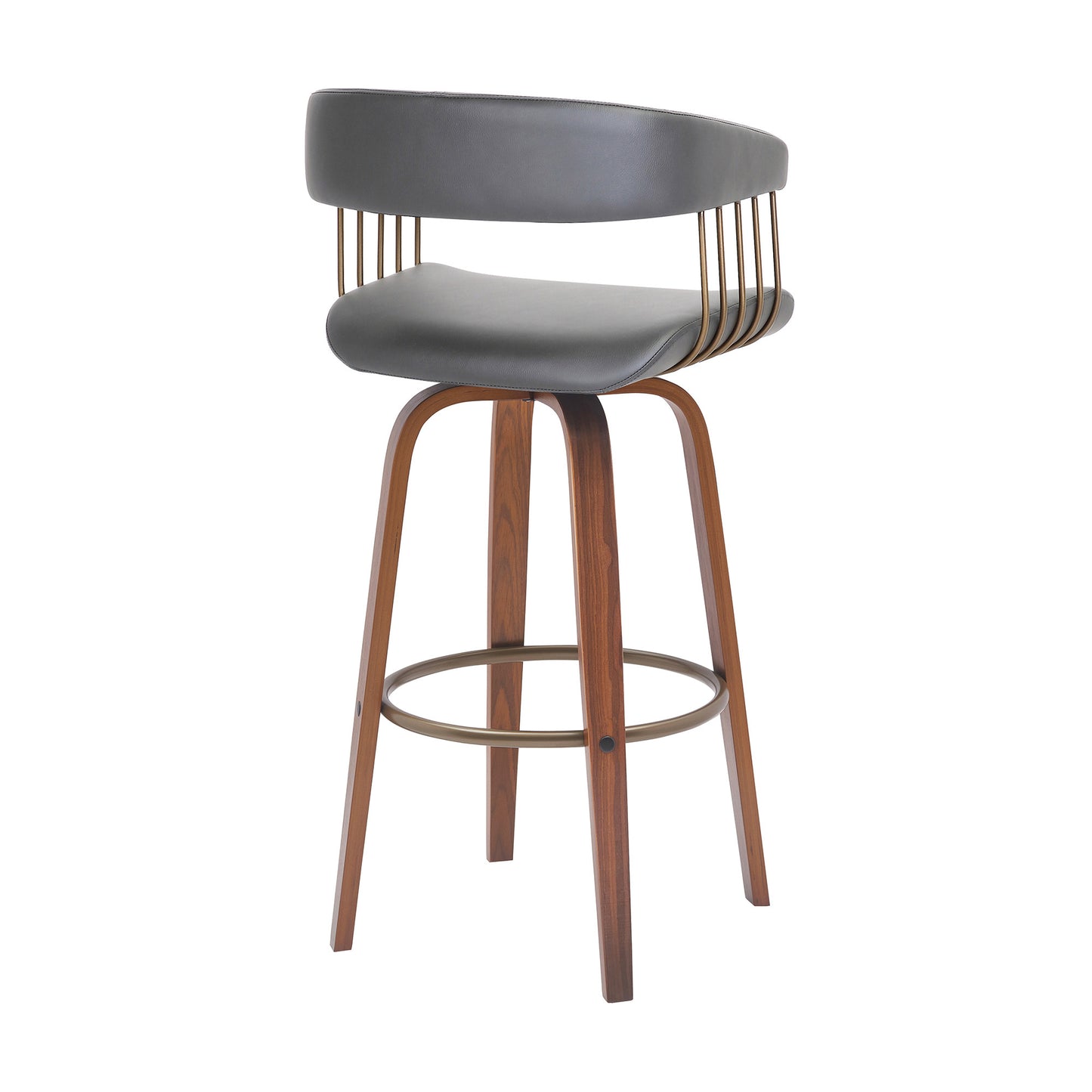 31" Gray And Wood Brown Faux Leather Swivel Bar Height Bar Chair - Loft&Timber