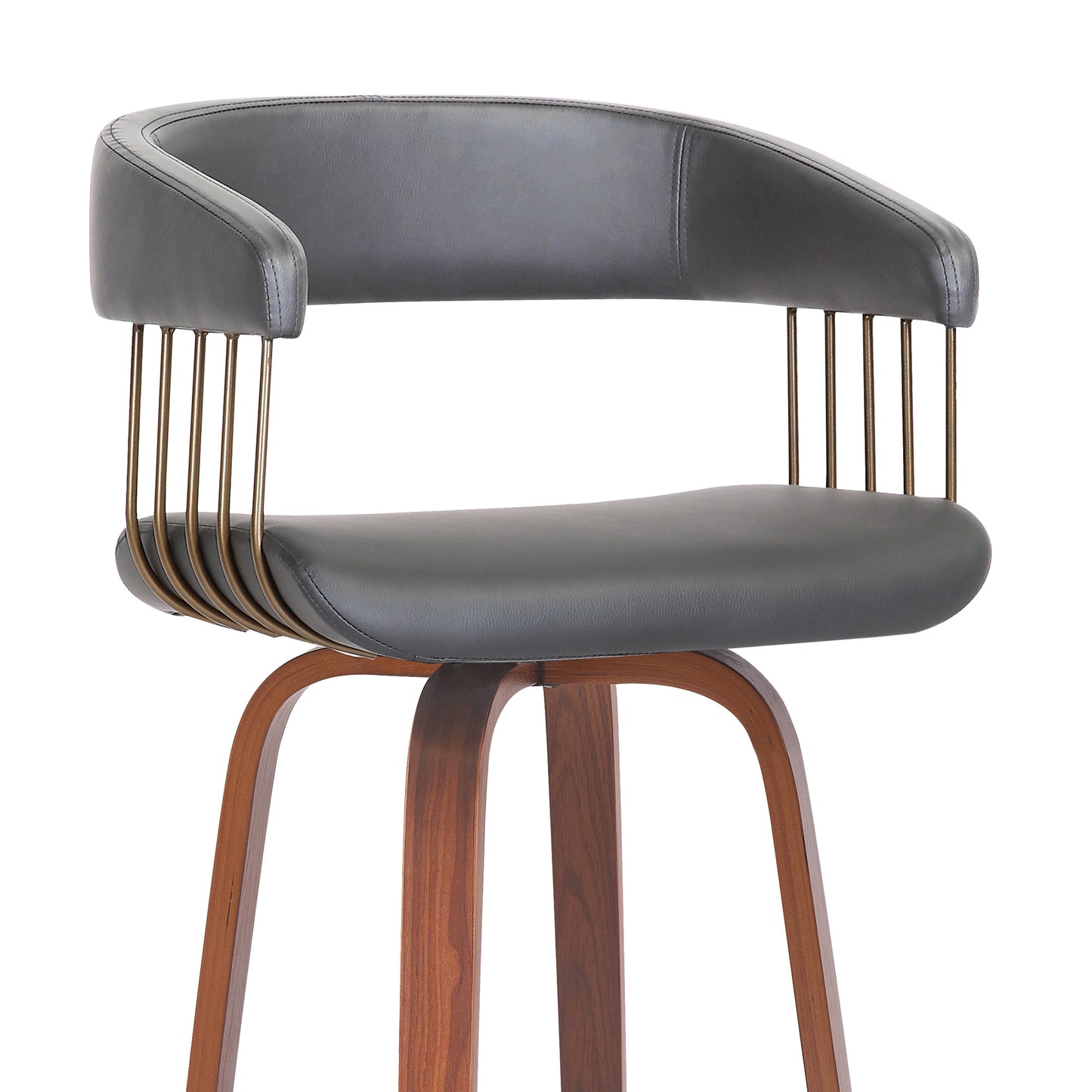 31" Gray And Wood Brown Faux Leather Swivel Bar Height Bar Chair - Loft&Timber