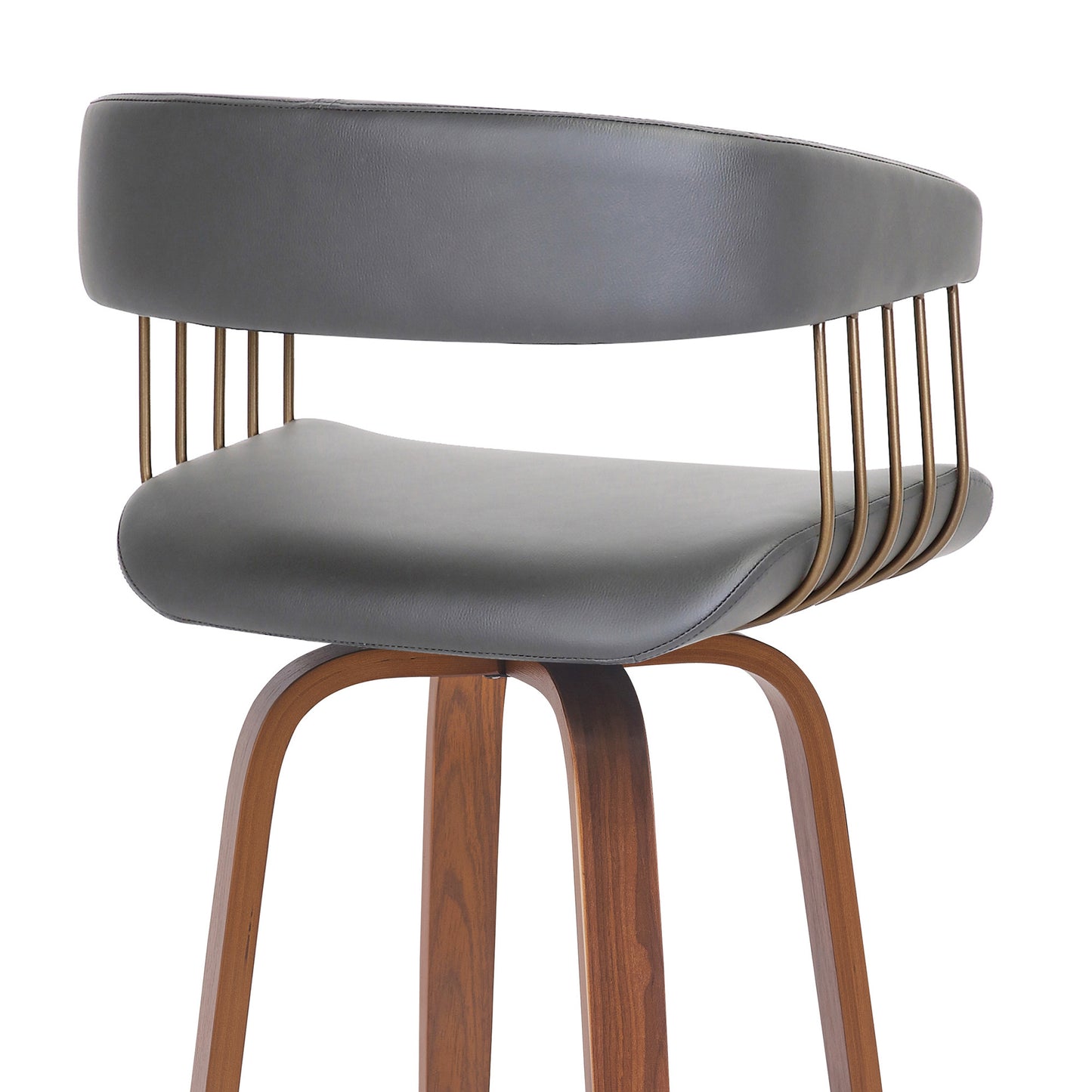 31" Gray And Wood Brown Faux Leather Swivel Bar Height Bar Chair - Loft&Timber