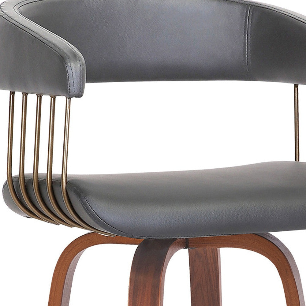 31" Gray And Wood Brown Faux Leather Swivel Bar Height Bar Chair - Loft&Timber