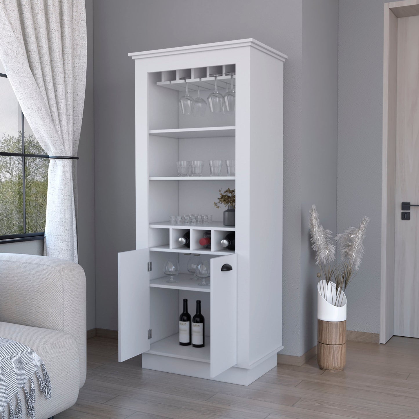 70" White Bar Cabinet With Wine Storage - Loft&Timber