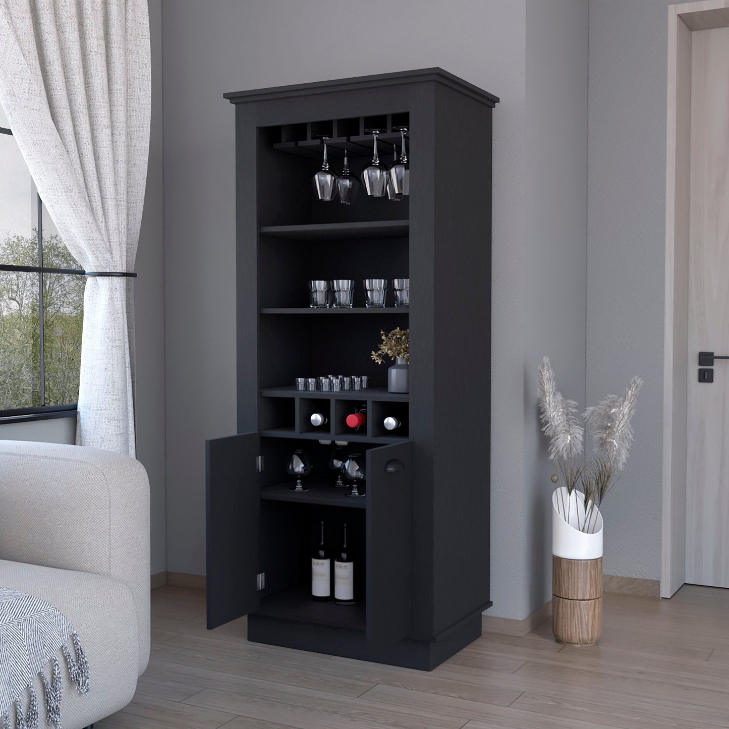70" Black Bar Cabinet With Wine Storage - Loft&Timber