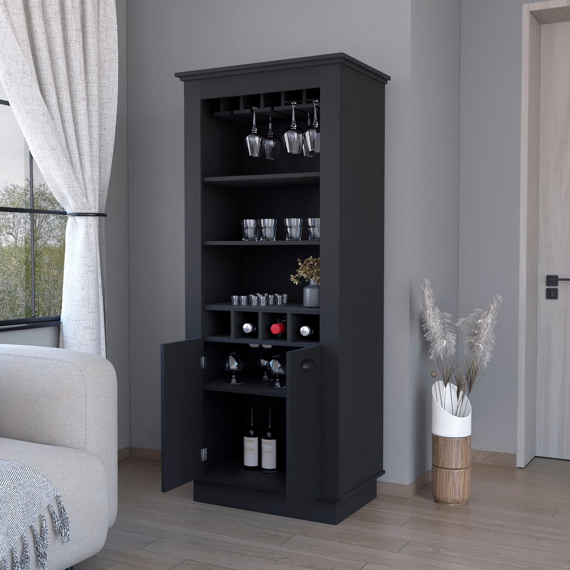 70" Black Bar Cabinet With Wine Storage - Loft&Timber