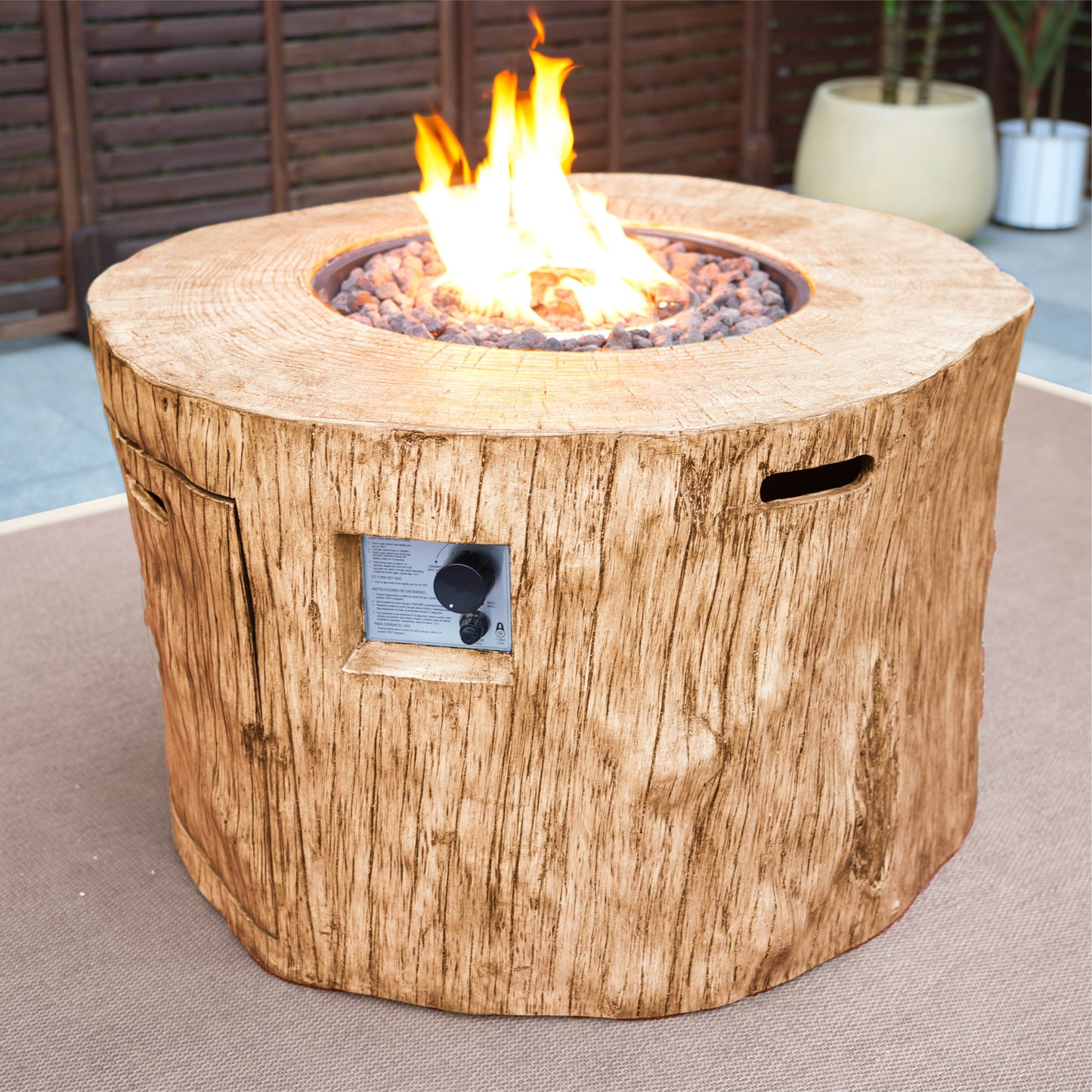 37" Brown Faux Wood Stump Propane Round Fire pit With Cover - Loft&Timber