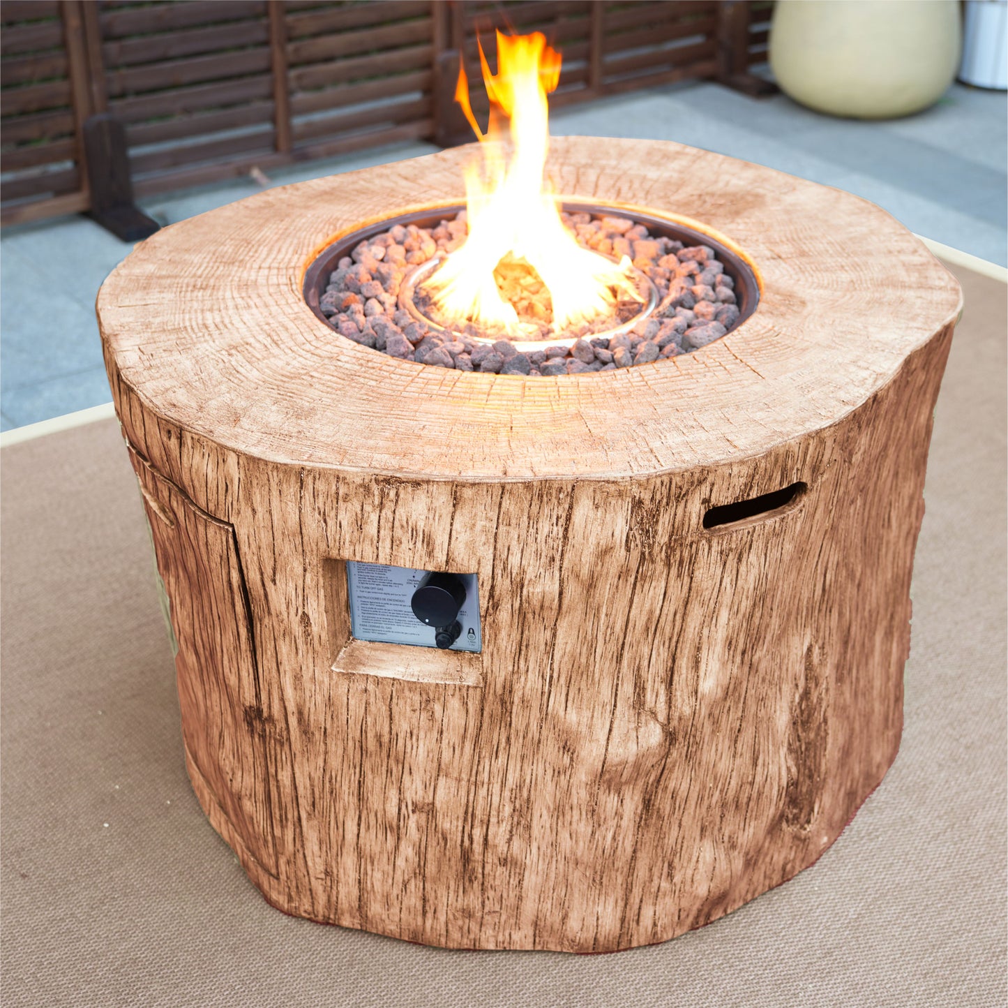 37" Brown Faux Wood Stump Propane Round Fire pit With Cover - Loft&Timber