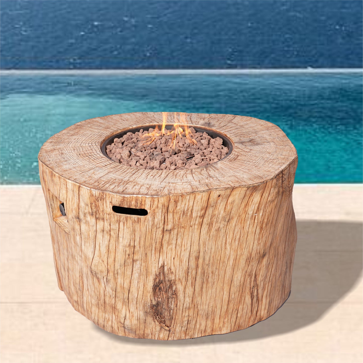 37" Brown Faux Wood Stump Propane Round Fire pit With Cover - Loft&Timber
