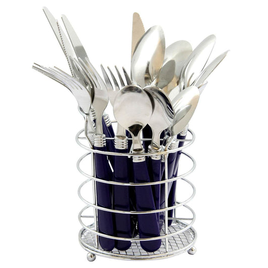 Gibson Sensations II 16 Piece Stainless Steel Flatware Set with Cobalt Handles and Chrome Caddy - Loft&Timber