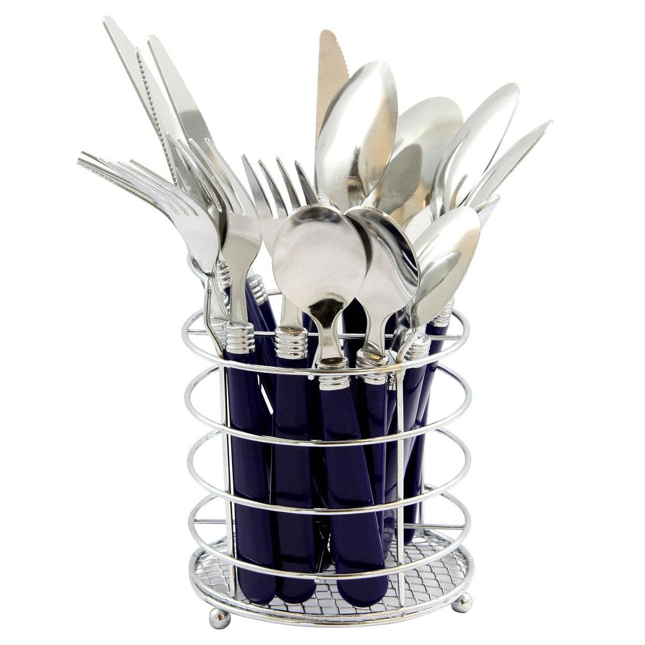 Gibson Sensations II 16 Piece Stainless Steel Flatware Set with Cobalt Handles and Chrome Caddy - Loft&Timber