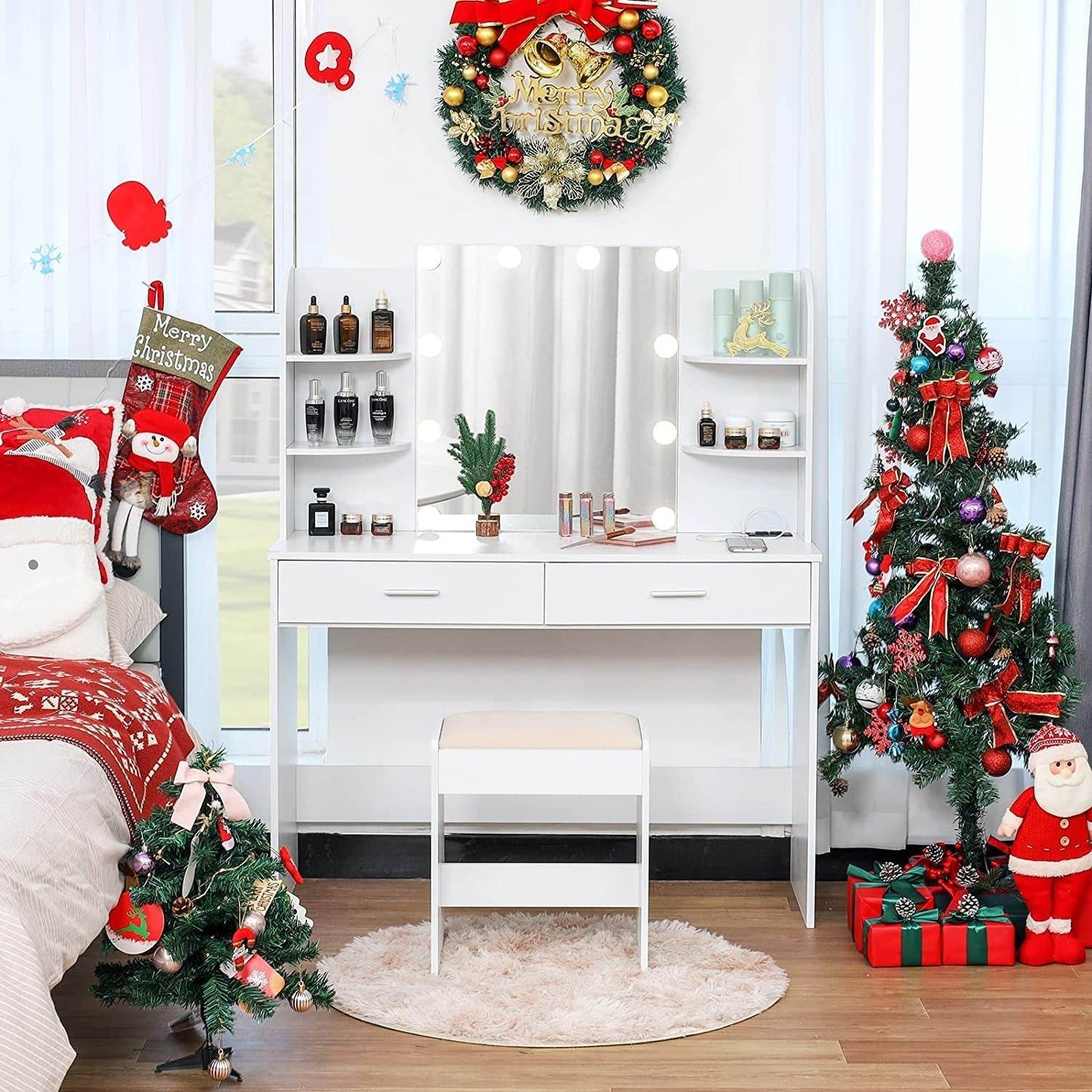 Large Vanity Set with Lighted Mirror, Charging Station (White) - Loft&Timber