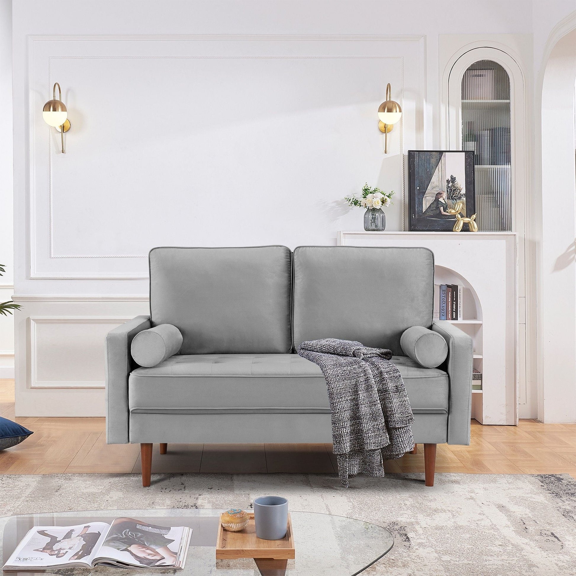 57" Gray And Dark Brown Velvet Loveseat and Toss Pillows - Loft&Timber