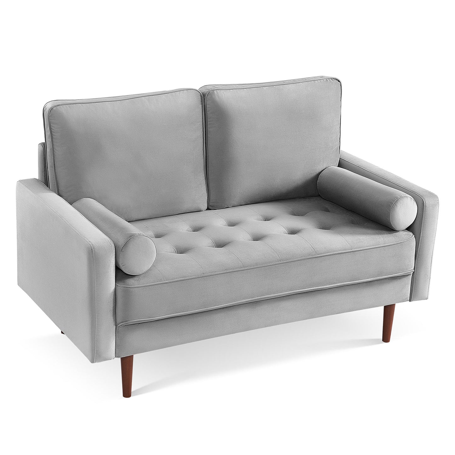 57" Gray And Dark Brown Velvet Loveseat and Toss Pillows - Loft&Timber