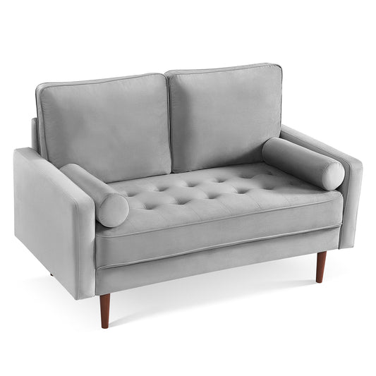 57" Gray And Dark Brown Velvet Loveseat and Toss Pillows - Loft&Timber