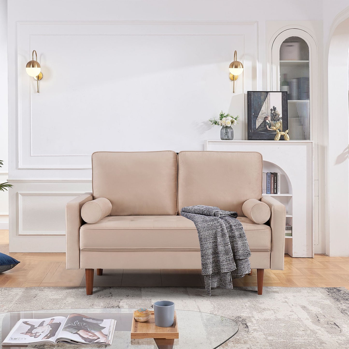 57" Beige And Dark Brown Velvet Loveseat and Toss Pillows - Loft&Timber
