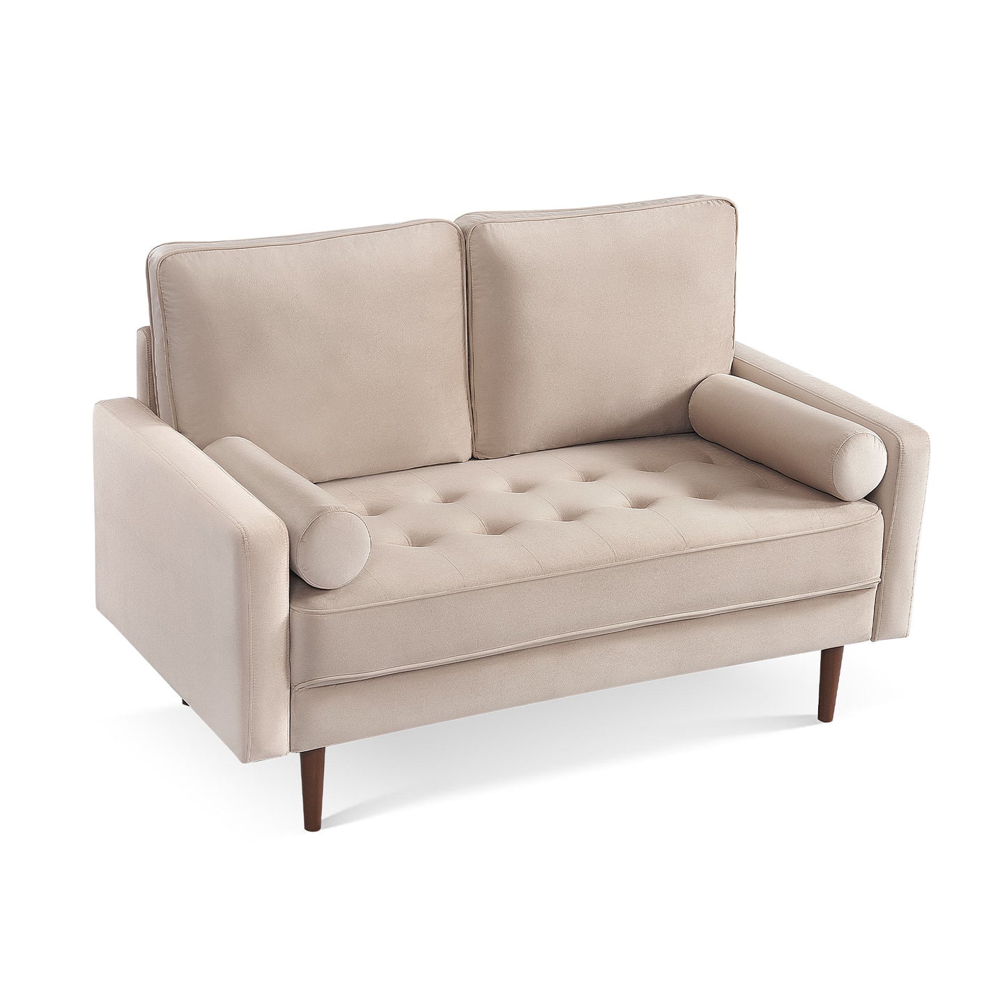 57" Beige And Dark Brown Velvet Loveseat and Toss Pillows - Loft&Timber