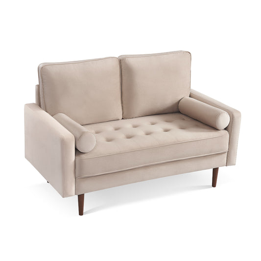 57" Beige And Dark Brown Velvet Loveseat and Toss Pillows - Loft&Timber