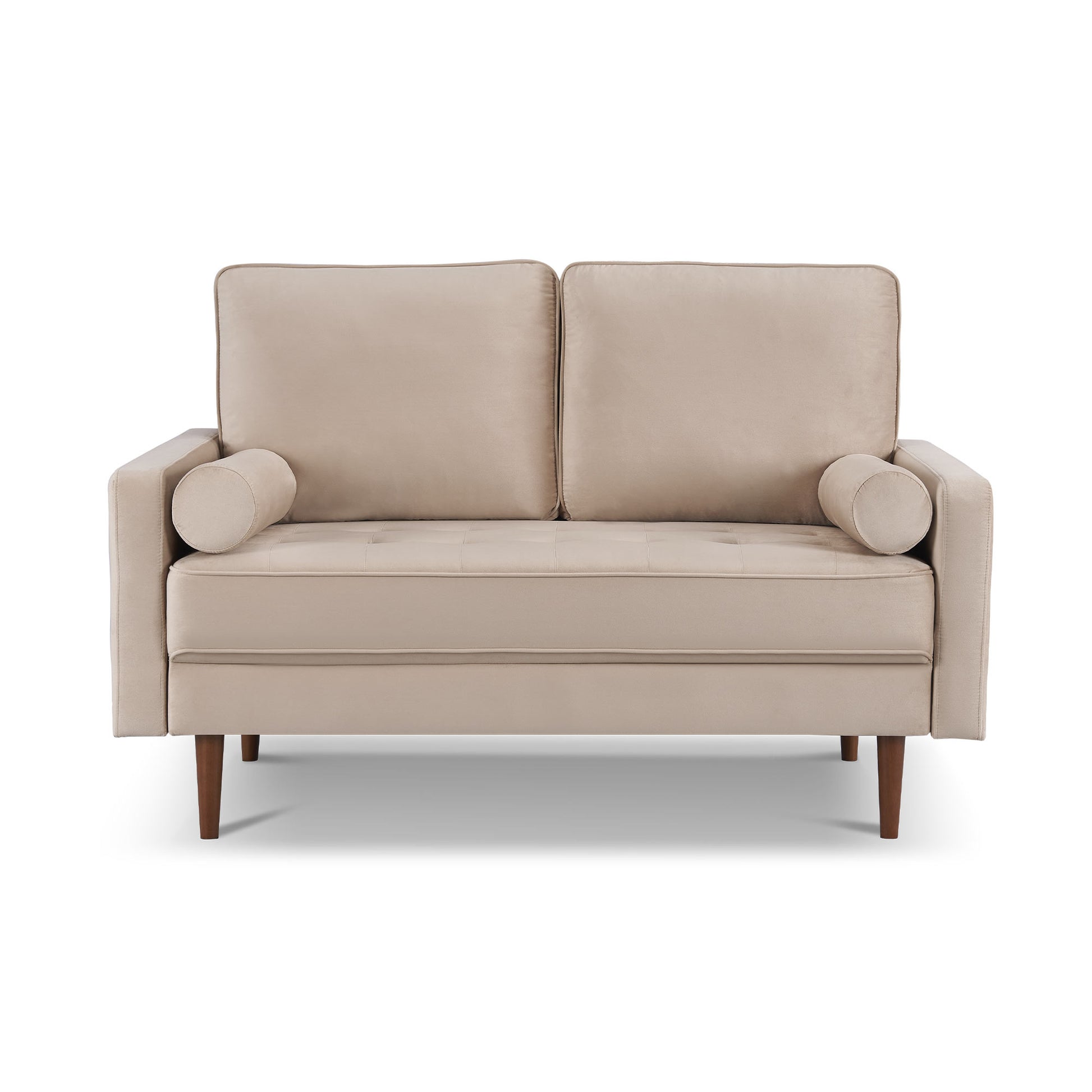57" Beige And Dark Brown Velvet Loveseat and Toss Pillows - Loft&Timber