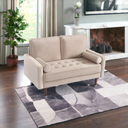 57" Beige And Dark Brown Velvet Loveseat and Toss Pillows - Loft&Timber
