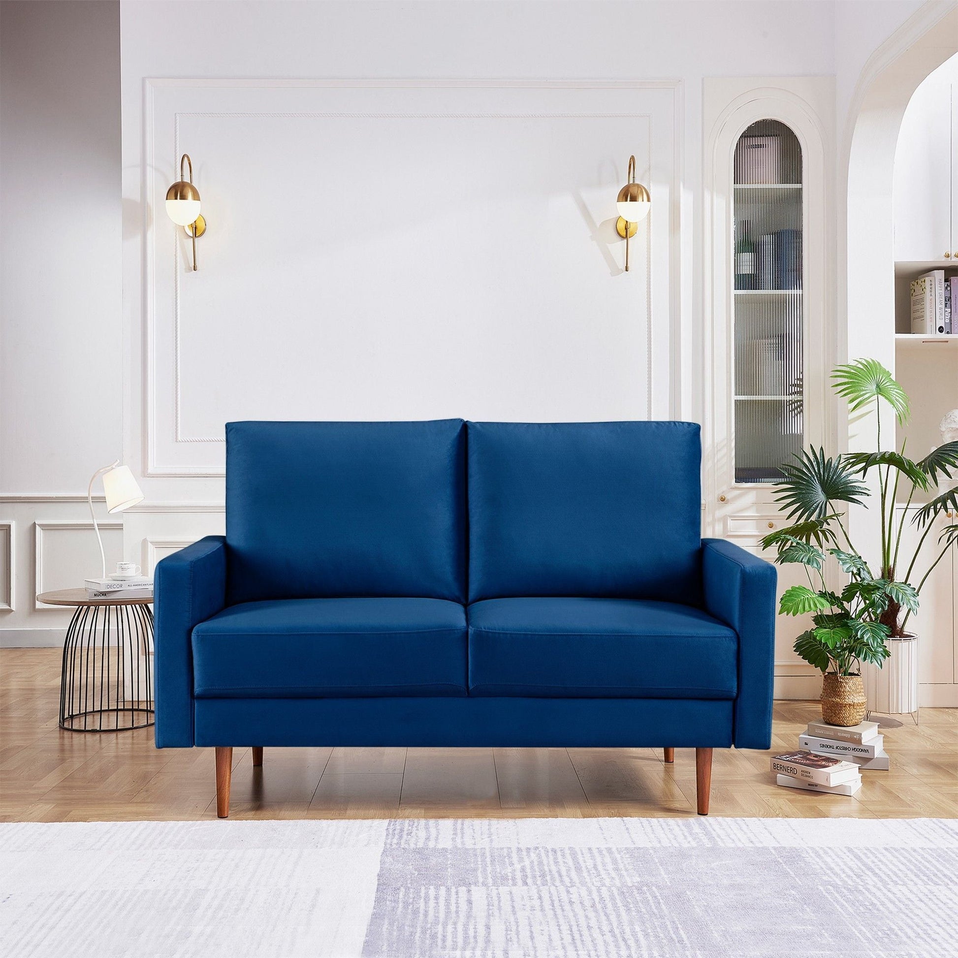 57" Blue And Dark Brown Velvet Loveseat - Loft&Timber