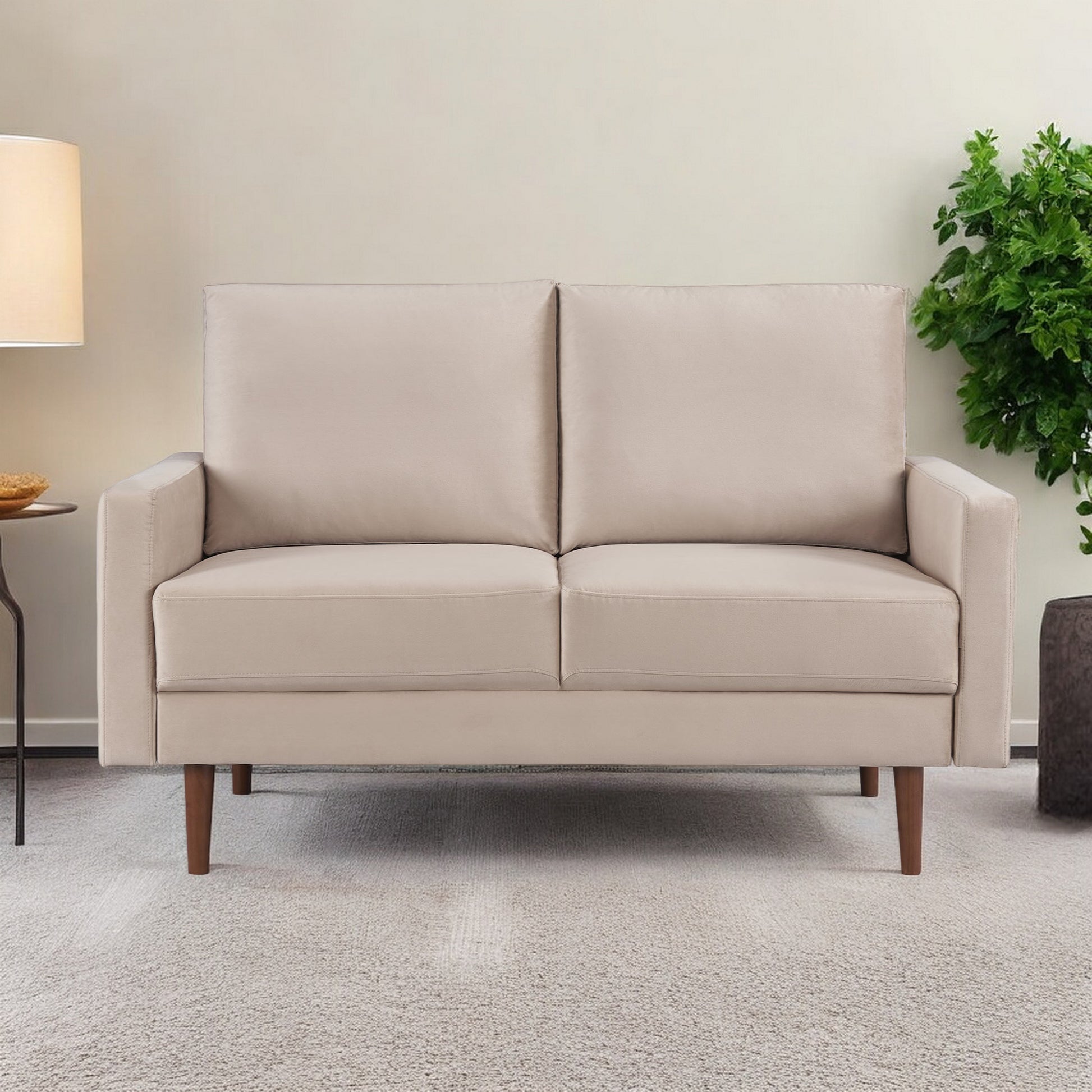 57" Beige And Dark Brown Velvet Loveseat - Loft&Timber