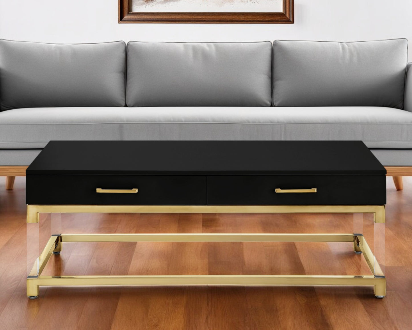 47" Black Gold And Clear Wood Acrylic And Steel Coffee Table - Loft&Timber