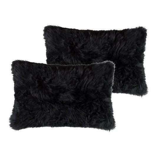 Set of Two 12" X 20" Black Sheepskin Lumbar Throw Pillows - Loft&Timber