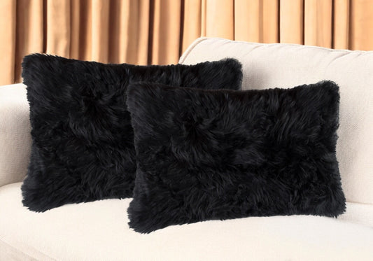 Set of Two 12" X 20" Black Sheepskin Lumbar Throw Pillows - Loft&Timber