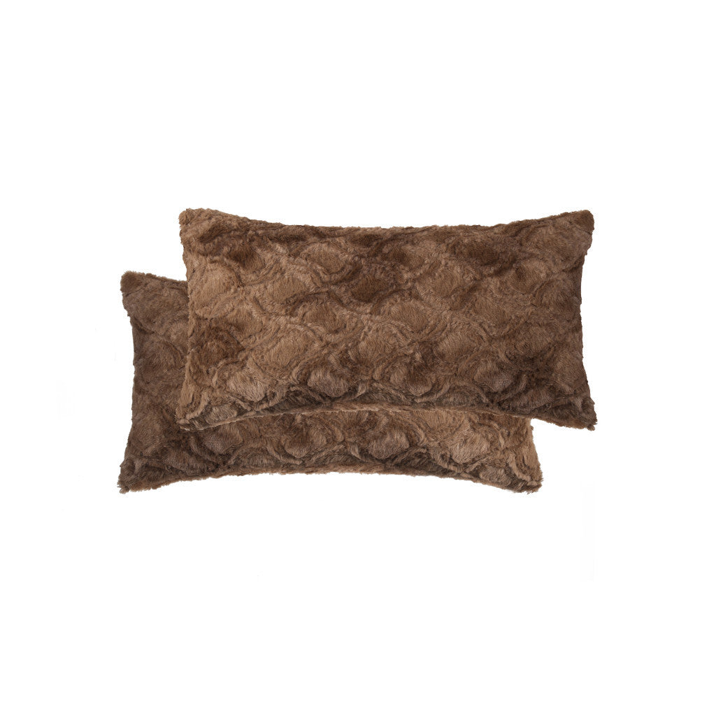 Set of Two 12" X 20" Brown Faux Fur Lumbar Throw Pillows - Loft&Timber