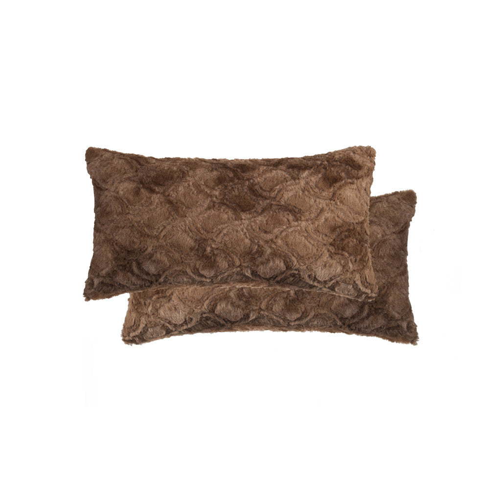 Set of Two 12" X 20" Brown Faux Fur Lumbar Throw Pillows - Loft&Timber